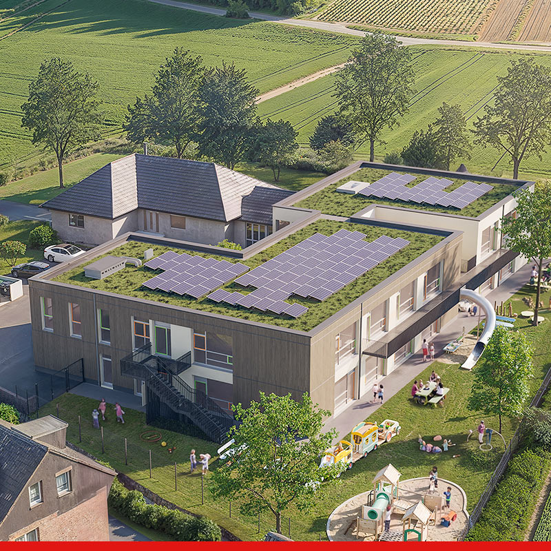 Moderne Kita mit Solarpanelen